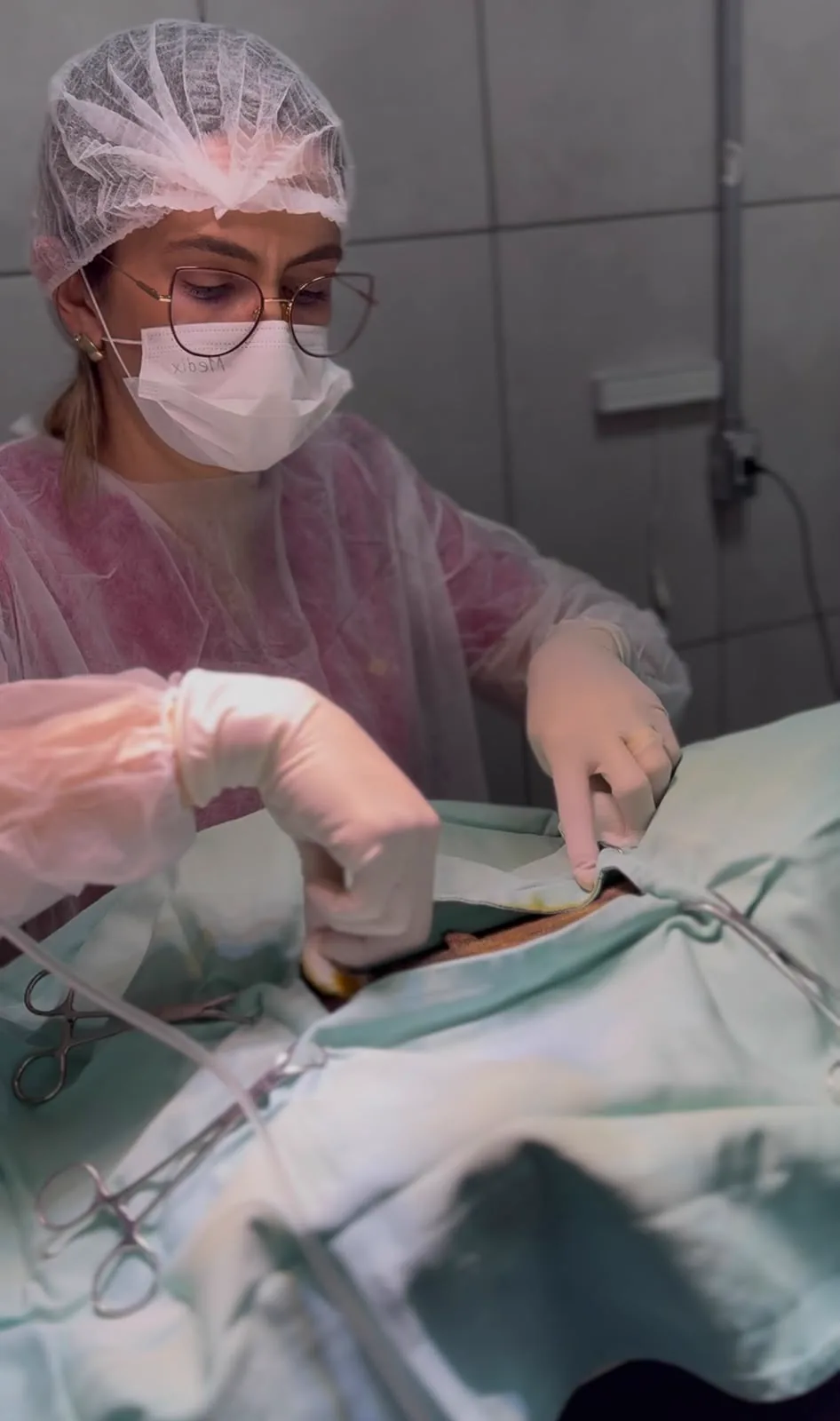 Cirurgia veterinária em andamento na Clínica São Francisco, em Itararé/SP, com a equipe paramentada e o campo cirúrgico montado